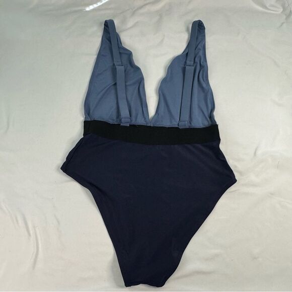 Aerie One Piece Swimsuit Size L Blue Colorblock Deep V Neck Pin Up Open Back - Picture 5 of 5